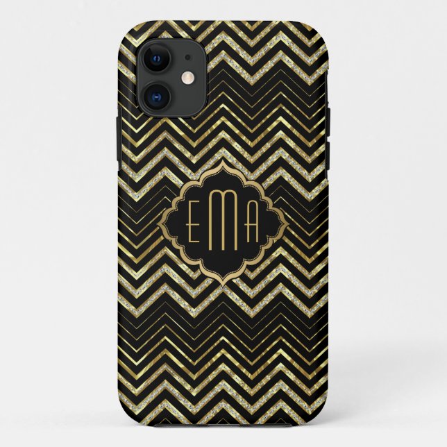 Capa Para iPhone 11 Padrão Glitter Dourado Zigzag Chevron Monograma (Verso)
