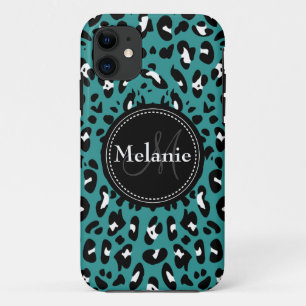 Capa Para iPhone 11 Padrão-Leopardo Branco Preto-Teal Monograma