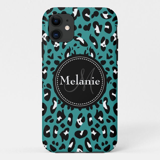 Capa Para iPhone 11 Padrão-Leopardo Branco Preto-Teal Monograma (Verso)
