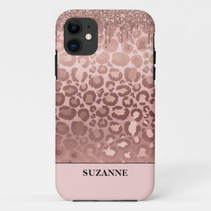 Capa Para iPhone 11 Padrão-Leopardo Rosa Cor-de-rosa Dourada, Monogra