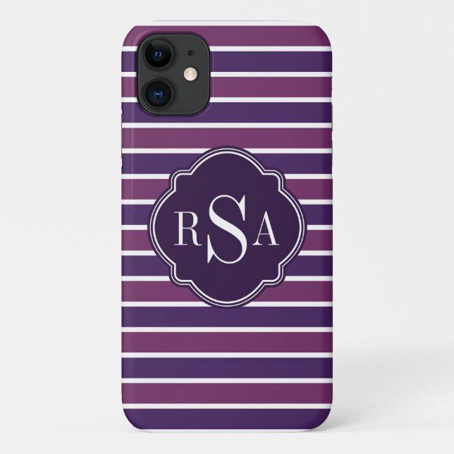 Capa Para iPhone 11 Padrão Monograma Trio Royal Purple Stripes (Verso)