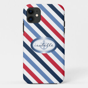 Capa Para iPhone 11 Padrão Náutico Personalizado de Stripe e Âncora