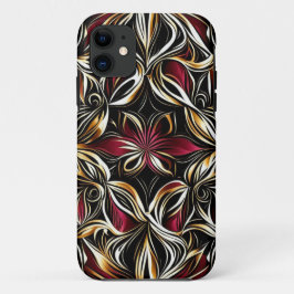 Capa Para iPhone 11 Padrão Repetitivo da Flor Dourada da Borgonha