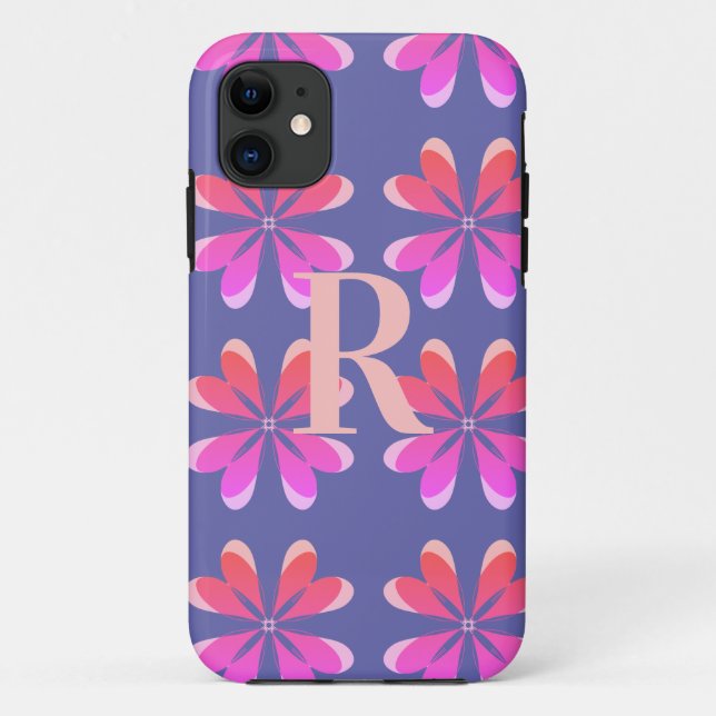 Capa Para iPhone 11 Padrão Retroativo Floral Monograma Periwinkle (Verso)