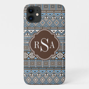 Capa Para iPhone 11 Padrão Tribal Castanho Azul Monograma
