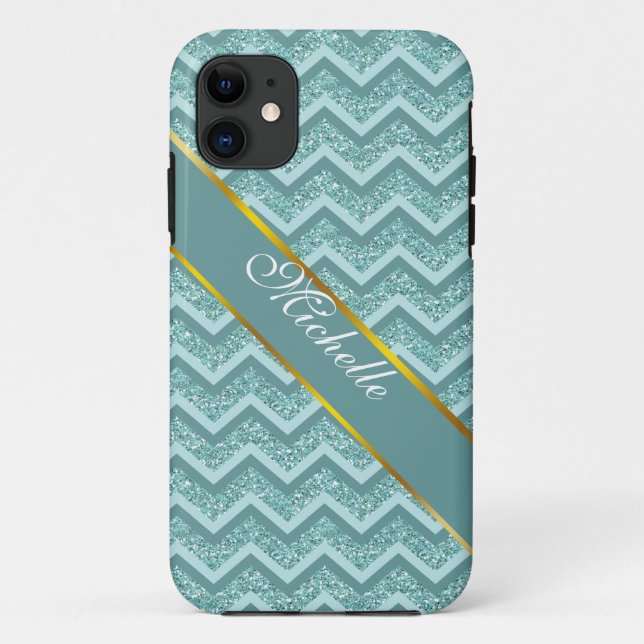 Capa Para iPhone 11 Padrão Turquesa Glitter ZigZag (Verso)