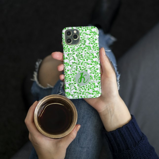 Capa Para iPhone 11 Padrão Verde Leafy Moderno Elegante Monograma (Criador carregado)