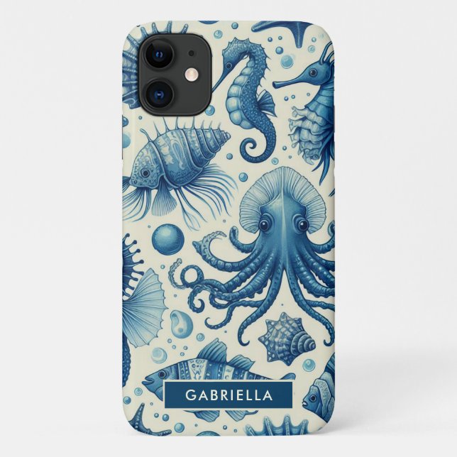 Capa Para iPhone 11 Padrão Vintage Sealife (Verso)