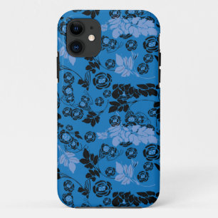 Capa Para iPhone 11 Padrões da flora azul preta