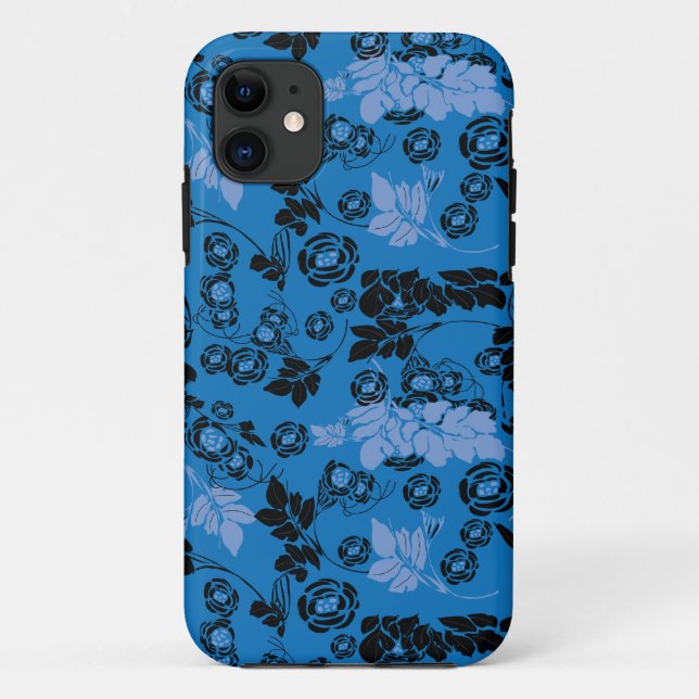 Capa Para iPhone 11 Padrões da flora azul preta (Verso)