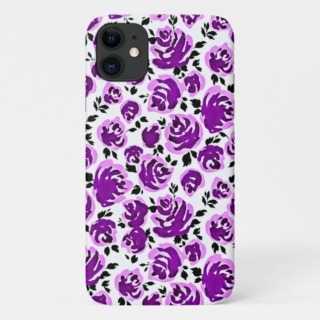 Capa Para iPhone 11 Padrões de rosa violeta branca (Verso)