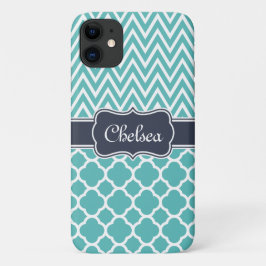 Capa Para iPhone 11 Padrões Quatrefoil Azul Brilhante Chevron Nome do 