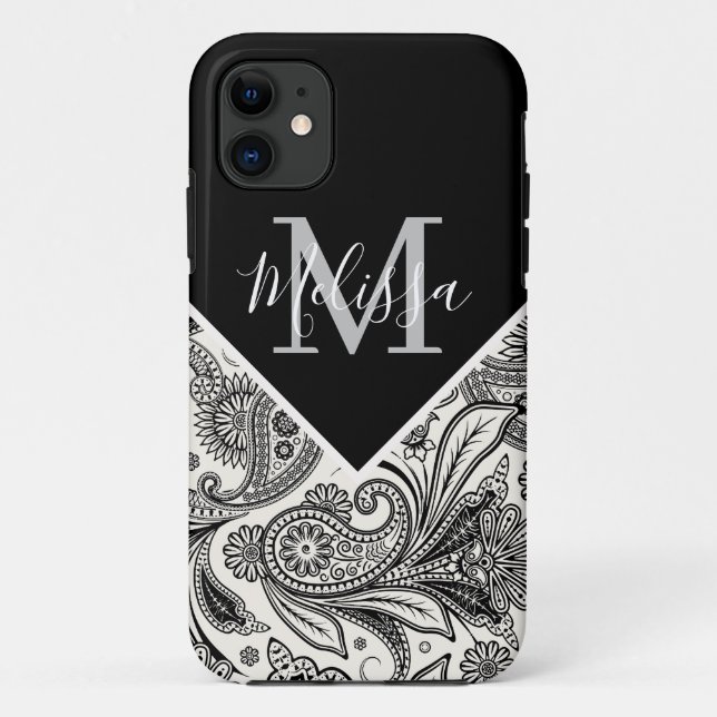 Capa Para iPhone 11 Paisley preto e branco    (Verso)