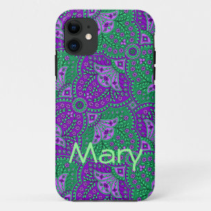 Capa Para iPhone 11 Paisley verde e roxo