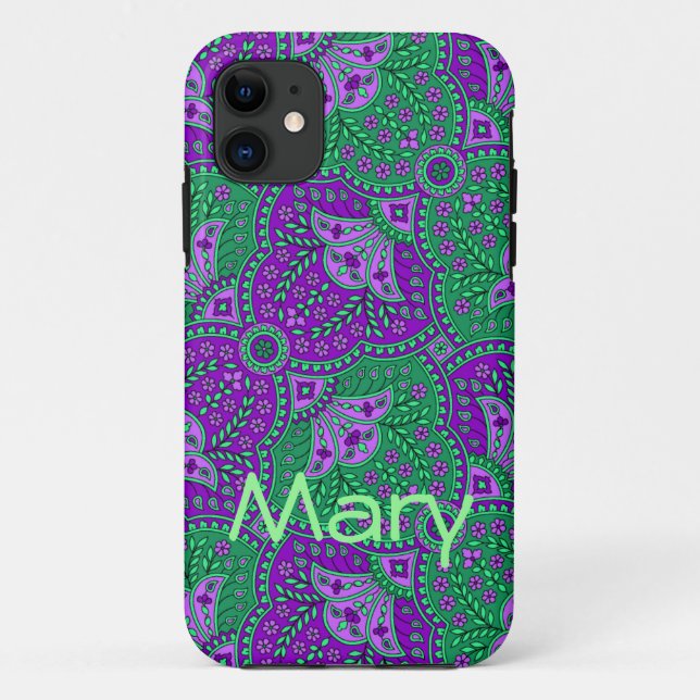 Capa Para iPhone 11 Paisley verde e roxo (Verso)