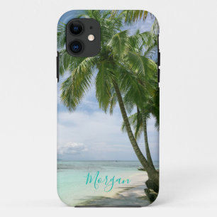 Capa Para iPhone 11 Palm Trees, Sua Foto, Nome Teal Script