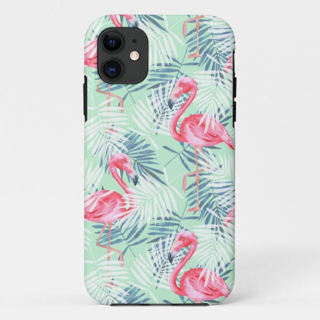 Capa Para iPhone 11 Palmeiras e flamingos (Verso)