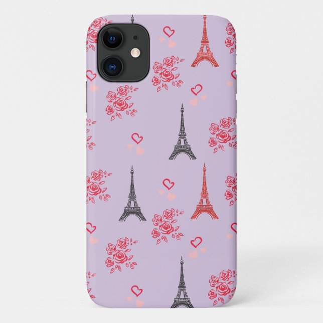 Capa Para iPhone 11 Paris Love Pattern – Eiffel Tower & Roses Seamless (Verso)