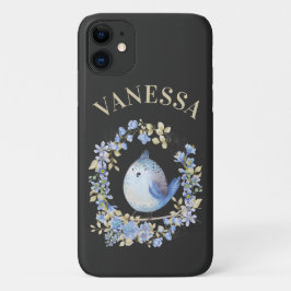 Capa Para iPhone 11 Pássaro azul no fone floral iPhone/iPad