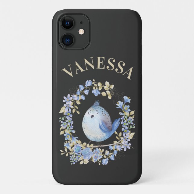 Capa Para iPhone 11 Pássaro azul no fone floral iPhone/iPad (Verso)