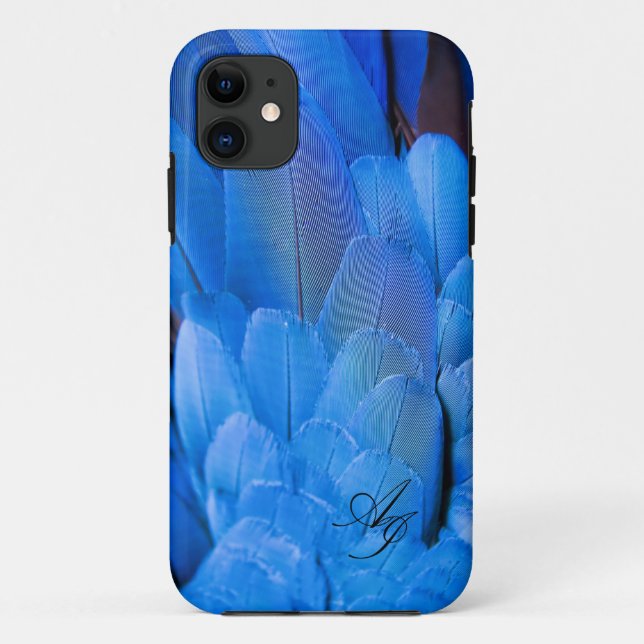 Capa Para iPhone 11 Pássaro da asa azul de penas, monograma, duas inic (Verso)