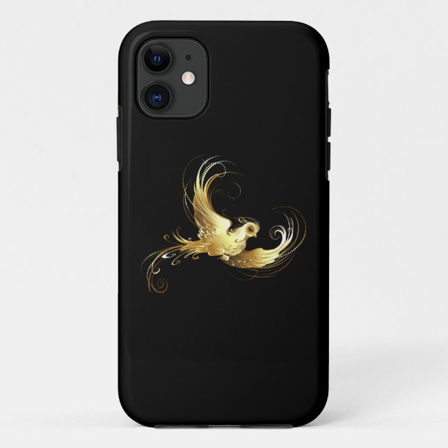 Capa Para iPhone 11 Pássaro ouro sobre fundo preto (Verso)
