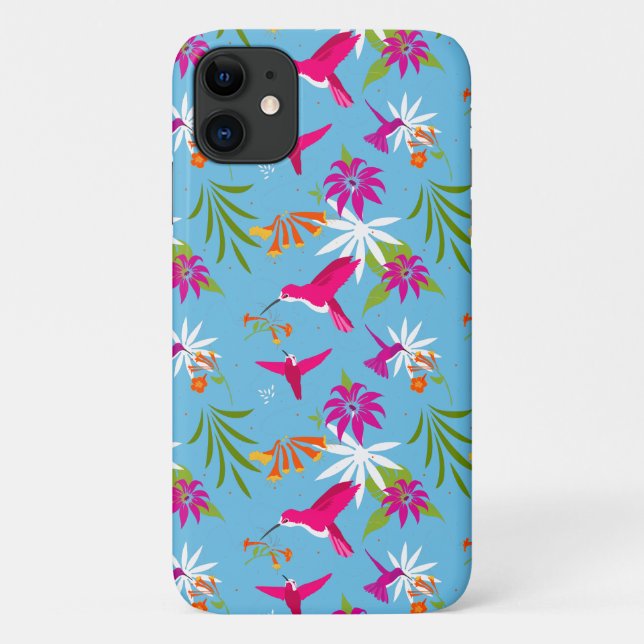 Capa Para iPhone 11 Pássaro Tropical Azul Rosa Padrão (Verso)