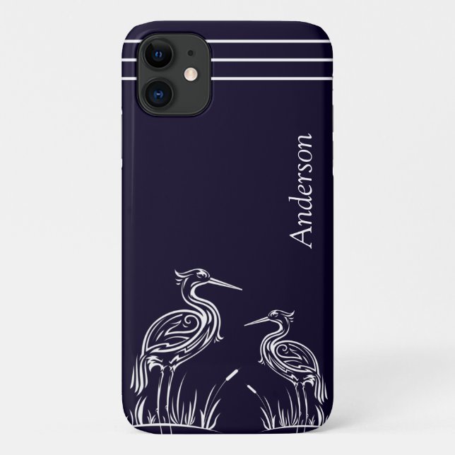 Capa Para iPhone 11 Pássaros Brancos Personalizados Costeiros Marinho  (Verso)