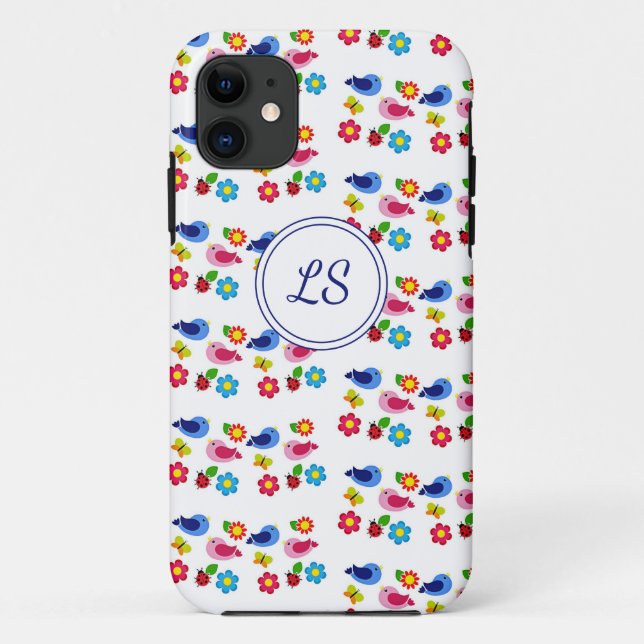 Capa Para iPhone 11 Pássaros e flores, primavera, brancos (Verso)