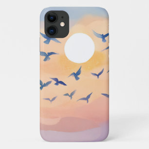 Capa Para iPhone 11 Pássaros em Voo Aquarela da Natureza ao Pôr do S
