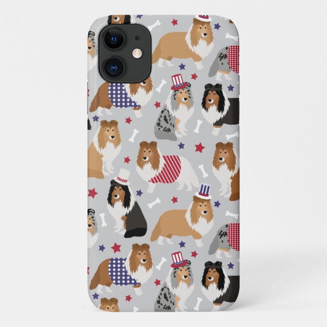 Capa Para iPhone 11 Patriotic Sheltie Shetland Sheepdog (Verso)