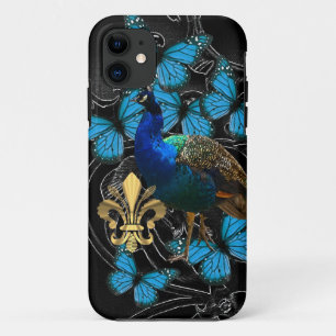 Capa Para iPhone 11 Pavão elegante e borboletas azuis no preto