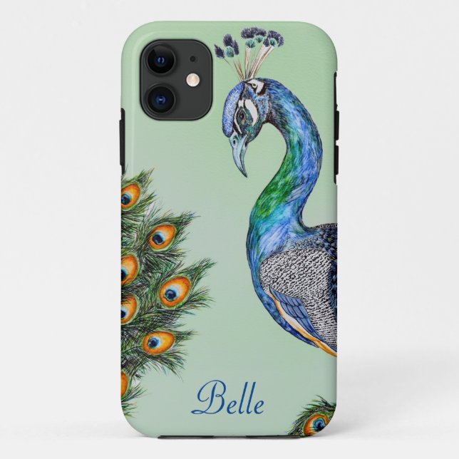 Capa Para iPhone 11 Peacock de Aquarela Elegante Personalizado (Verso)