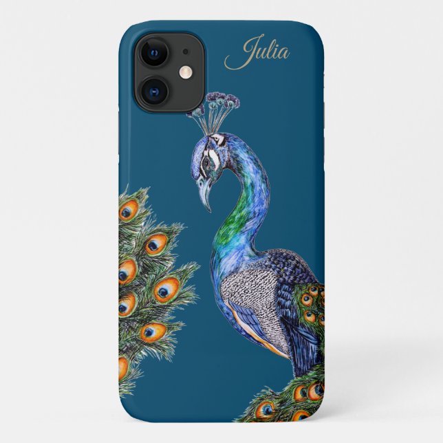 Capa Para iPhone 11 Peacock de Aquarela Elegante Personalizado (Verso)