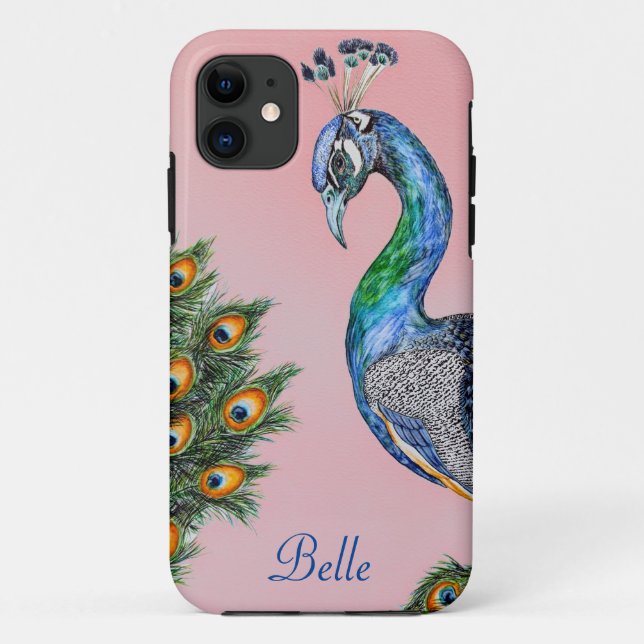 Capa Para iPhone 11 Peacock de Aquarela Elegante Personalizado (Verso)