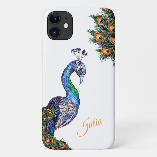 Capa Para iPhone 11 Peacock de Aquarela Elegante Personalizado (Verso)