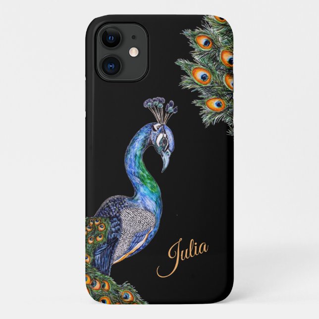 Capa Para iPhone 11 Peacock de Aquarela Elegante Personalizado (Verso)
