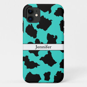 Capa Para iPhone 11 Pele De Vaca Preta Branco E Turquesa
