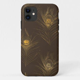 Capa Para iPhone 11 Penas Peacock Douradas e Elegante Na moda