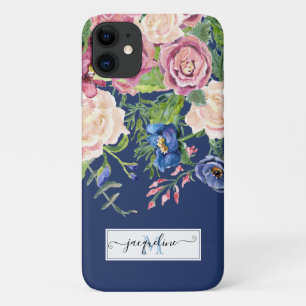 Capa Para iPhone 11 Peony Elegante Azul Borgonha Marinho de Aquarela F