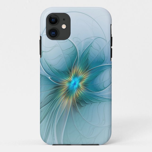 Capa Para iPhone 11 Pequena Bela Moderna Flor de Arte Fractal Azul Dou (Verso)