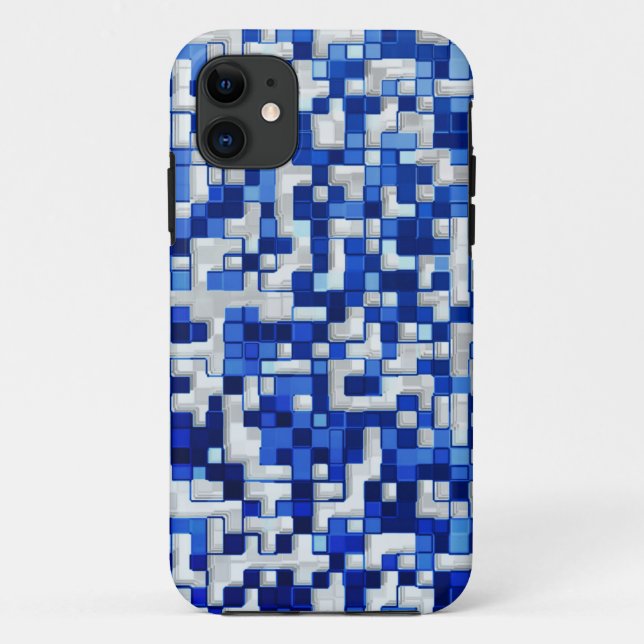 Capa Para iPhone 11 Pequenos quadrados bagunçados, tons de azul com br (Verso)