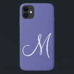 Capa Para iPhone 11 Periwinkle inicial do script branco chic<br><div class="desc">Um simples script branco chic inicial em uma capa de telefone de periwinkle. Estilo moderno e minimalista.</div>