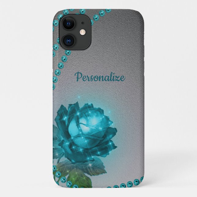 Capa Para iPhone 11 Pérolas de Rosa de Cristal Romântico Azul Elegante (Verso)