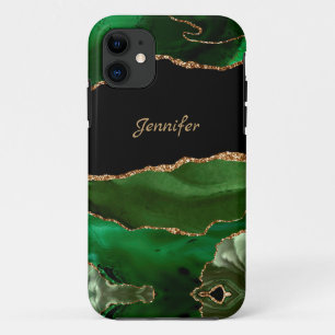 Capa Para iPhone 11 Personalização de Cristal de Agato Dourado Verde M