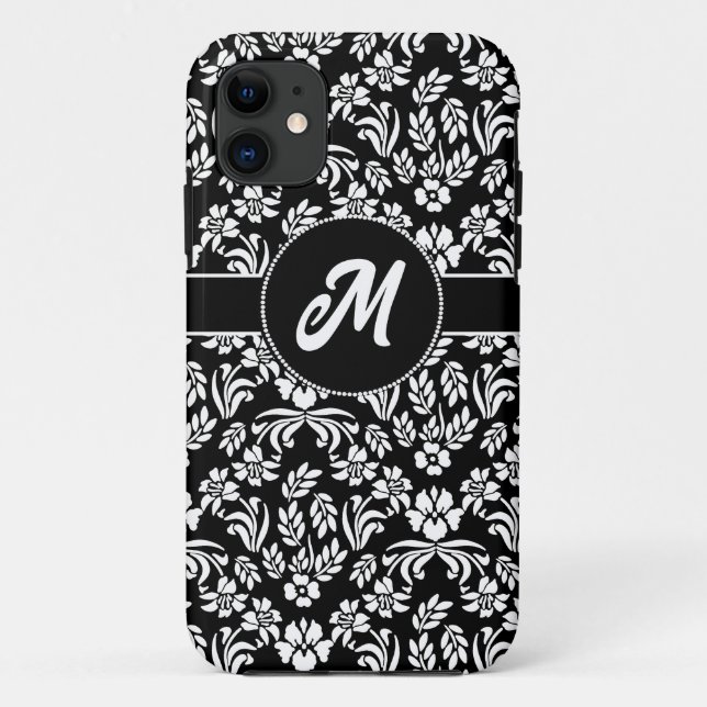 Capa Para iPhone 11 Personalizado para Damasco Floral Preto e Branco (Verso)