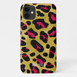 Capa Para iPhone 11 Personalized Name Chic Gold Glitter Black Leopard