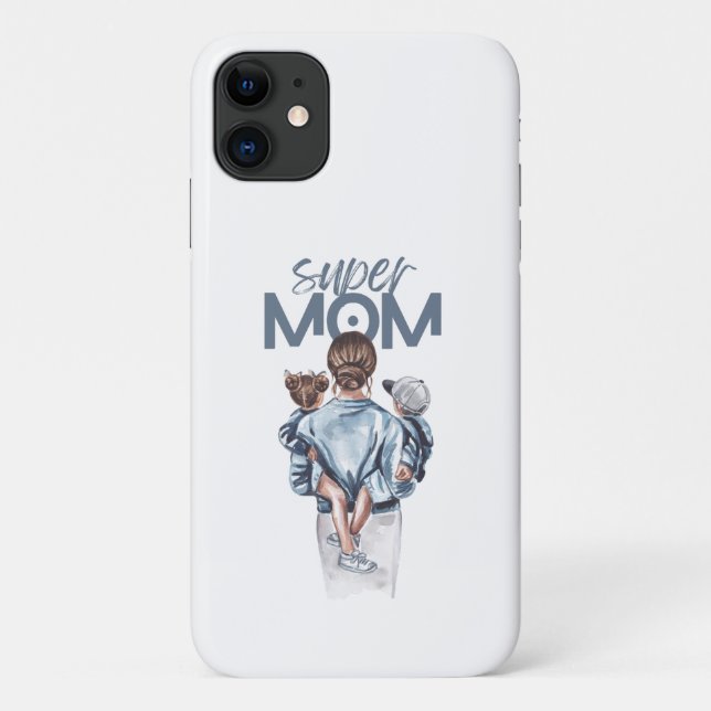 Capa Para iPhone 11 Personalized Super Mom with Son and Daughter Gift (Verso)