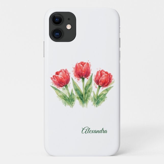 Capa Para iPhone 11 Personalized Watercolor Red Tulips  (Verso)