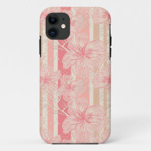 Capa Para iPhone 11 Pêssego-pricot padrão floral listrado cor-de-rosa